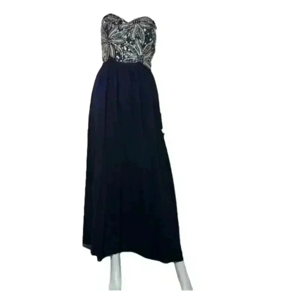 Sean Collection Navy Blue Beaded Top, Long Formal Dress Size 2, Pre-Owned